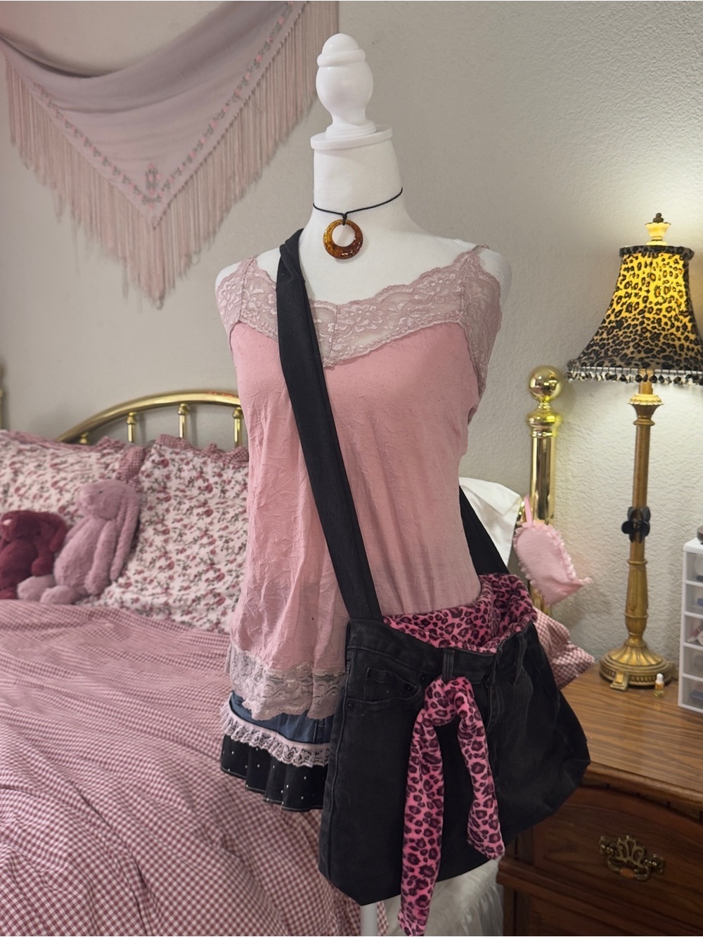Black Canvas Crossbody Bag with Pink Leopard Accent - Women's Crossbody
